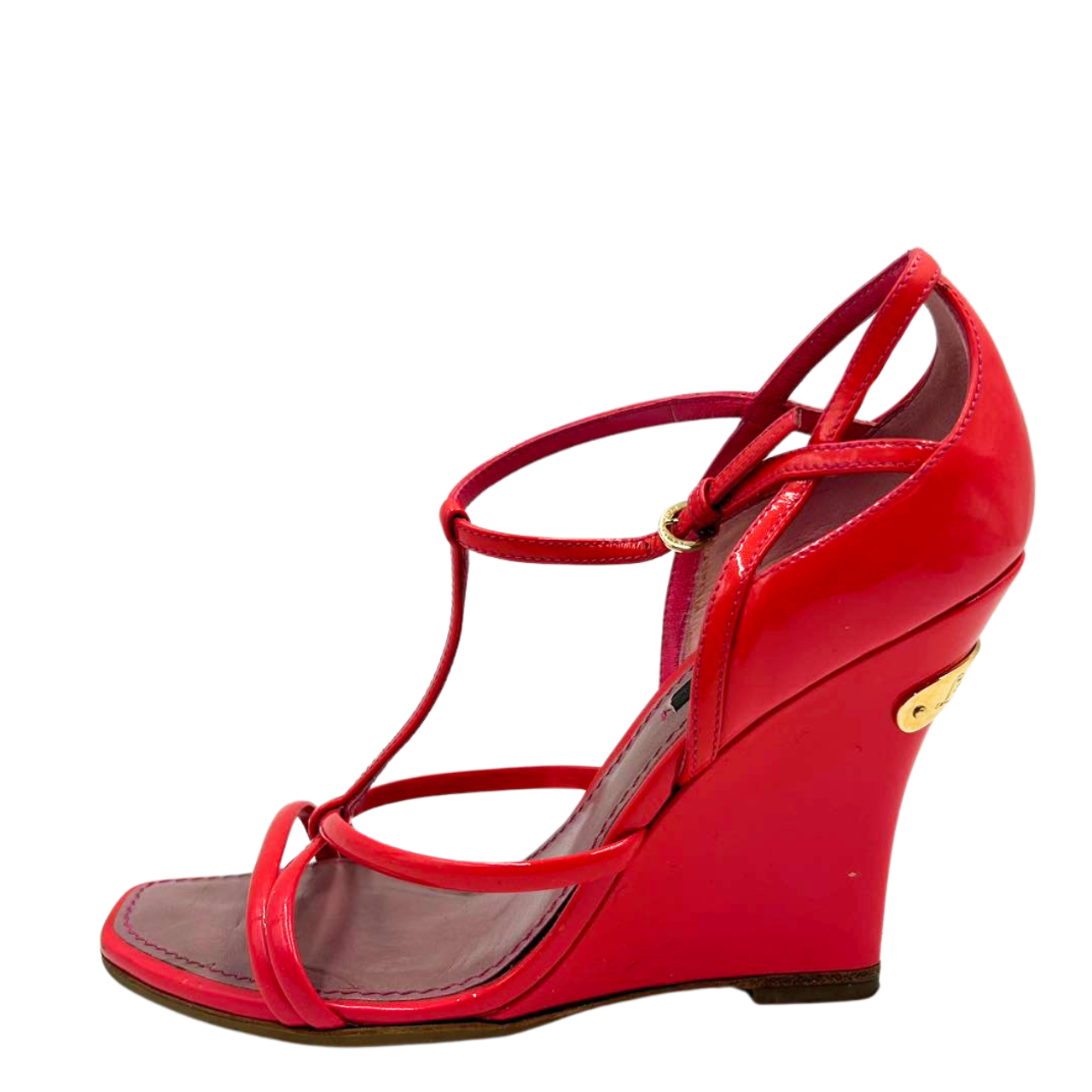 LOUIS VUITTON<br>Patent Leather Strappy Wedge Sandals