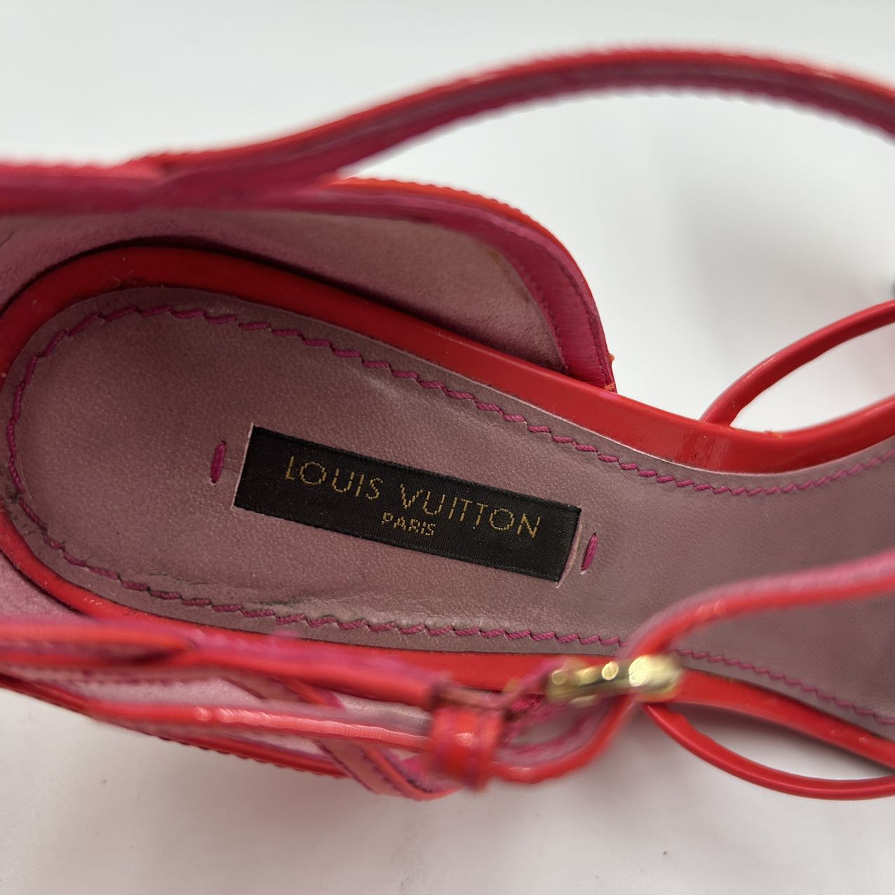 LOUIS VUITTON<br>Patent Leather Strappy Wedge Sandals