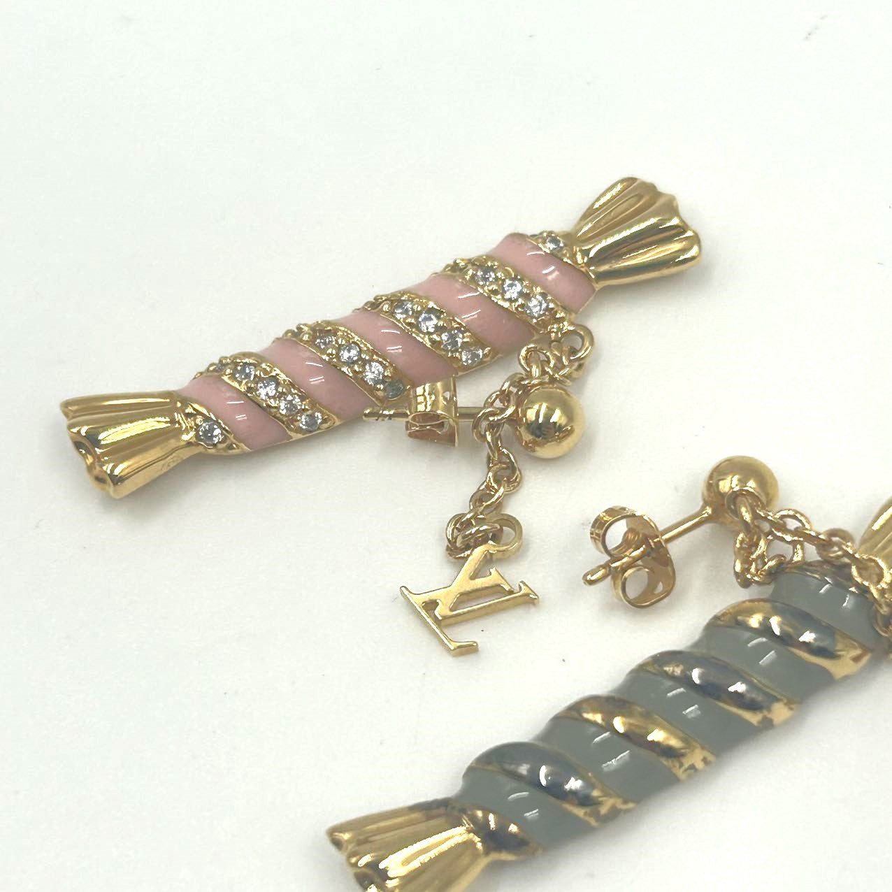 LOUIS VUITTON<br>Gold & Pink and Gray Enamel and Candy Earrings