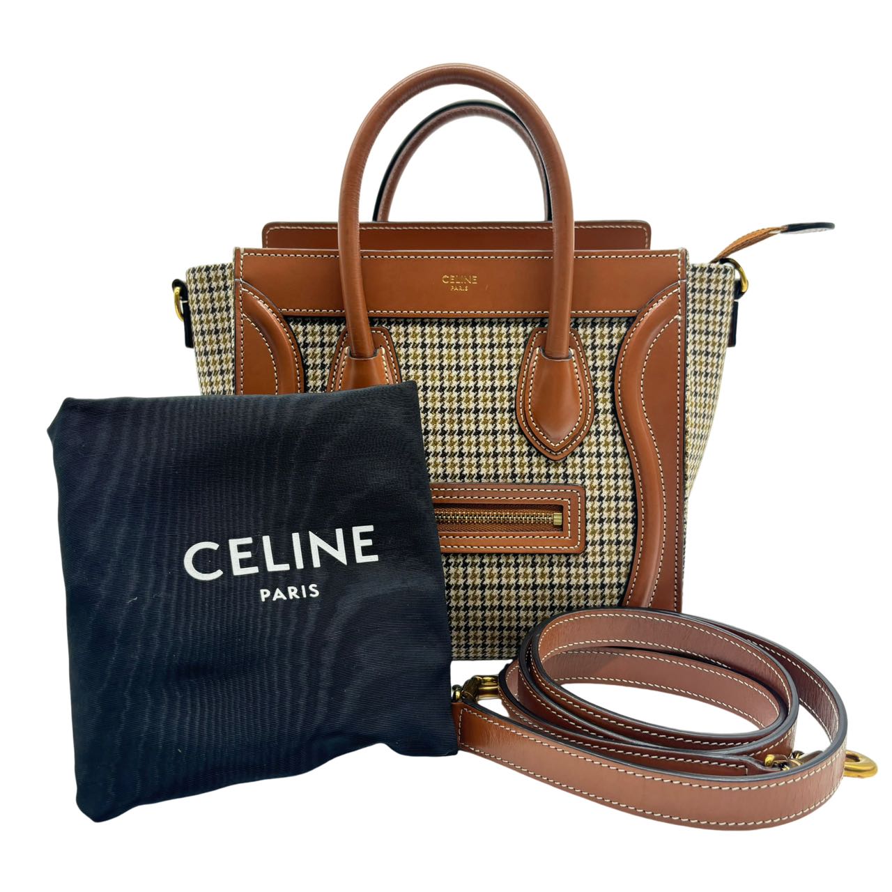 CELINE <br> Smooth Calfskin Houndstooth Nano Luggage Bag