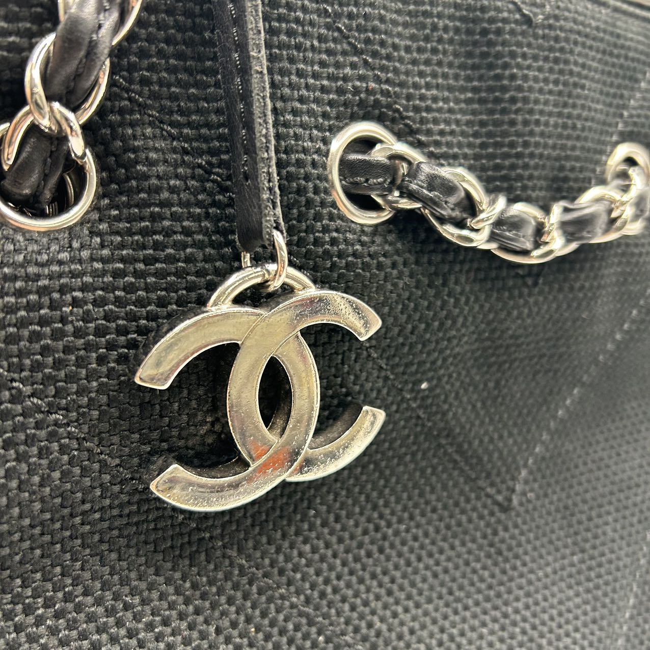 CHANEL<br>V Stitch Canvas Calfskin Bag